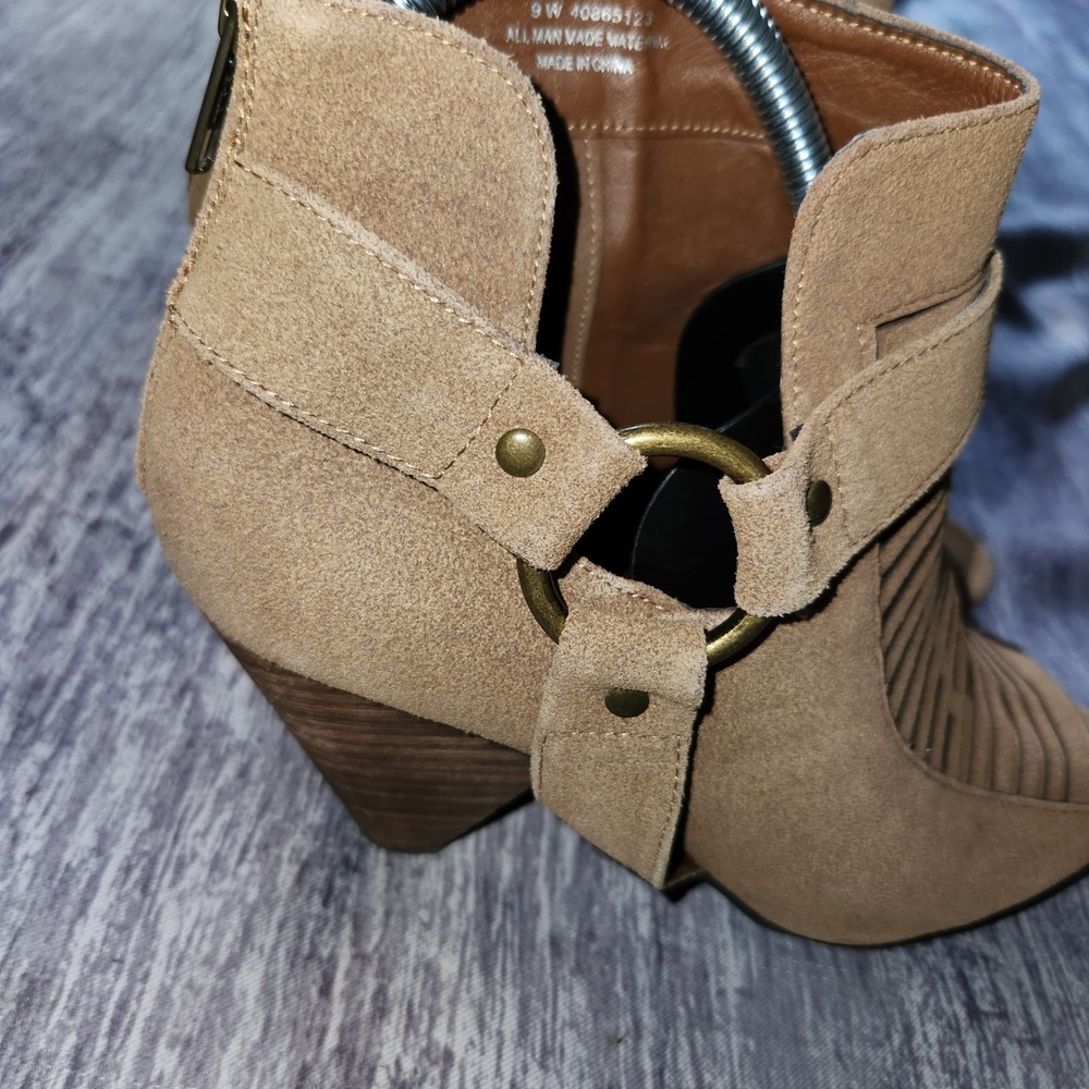 Wedge Heel Booties Open Toe Faux Suede Ankle Boots Tan Wide Width 9W Gold Accent - Picture 2 of 14